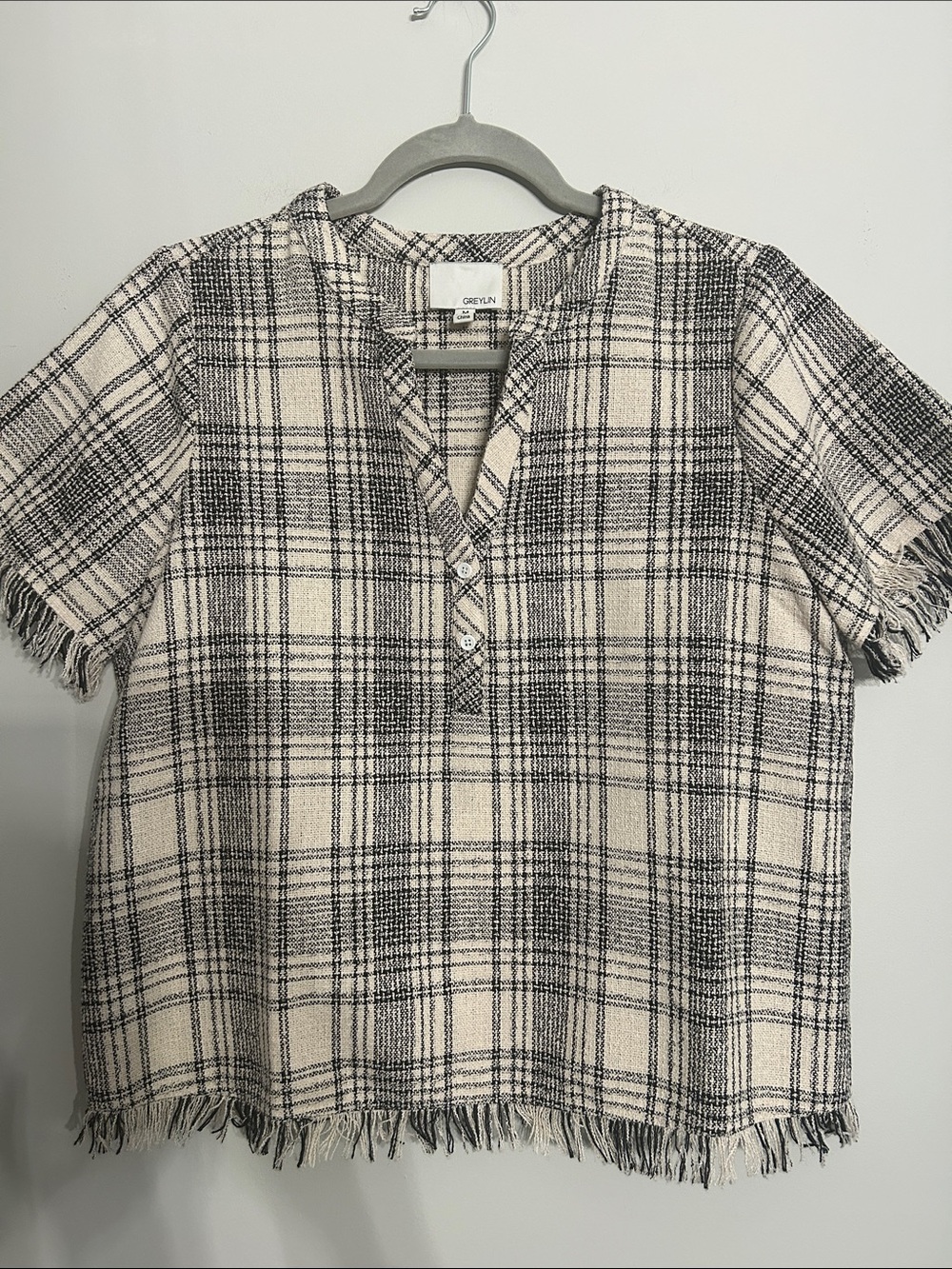 Greylin Black and White Plaid Short-Sleeve Fringe Shirt